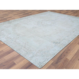 8'8"x12' Cropped Thin, Hand Knotted, Ivory, Vintage Persian Kerman, Distressed Look, Worn Wool, Oriental Rug FWR370404
