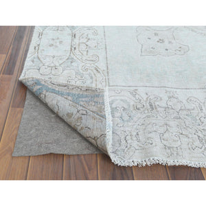 8'8"x12' Cropped Thin, Hand Knotted, Ivory, Vintage Persian Kerman, Distressed Look, Worn Wool, Oriental Rug FWR370404