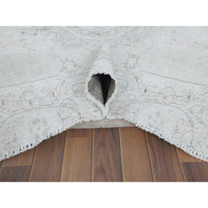 8'8"x12' Cropped Thin, Hand Knotted, Ivory, Vintage Persian Kerman, Distressed Look, Worn Wool, Oriental Rug FWR370404