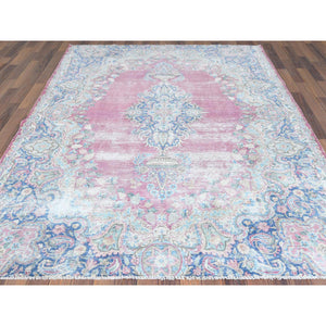 6'7"x8'7" Vintage Persian Kerman, Distressed Look, Worn Wool, Shaved Down, Hand Knotted, Pink, Oriental Rug FWR370464