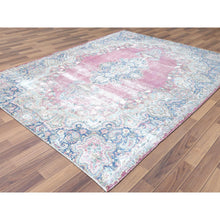 Load image into Gallery viewer, 6&#39;7&quot;x8&#39;7&quot; Vintage Persian Kerman, Distressed Look, Worn Wool, Shaved Down, Hand Knotted, Pink, Oriental Rug FWR370464