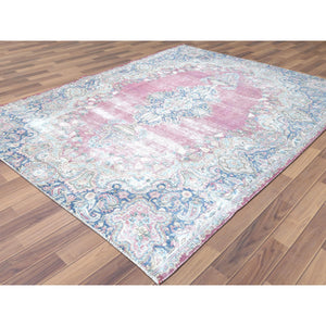 6'7"x8'7" Vintage Persian Kerman, Distressed Look, Worn Wool, Shaved Down, Hand Knotted, Pink, Oriental Rug FWR370464