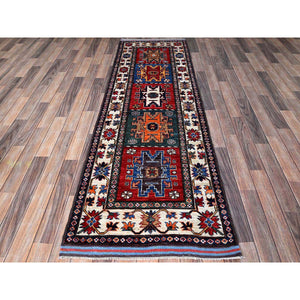 2'8"x7'7" Imperial Red, Colorful Afghan Ersari with Turkish Knot, Caucasian Design Revival, Vegetable Dyes, Densely Woven, Hand Knotted, Soft Wool, Runner, Oriental Rug Sh617 FWR3702