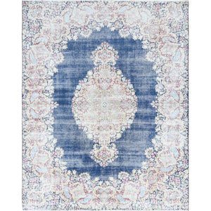 8'6"x11'2" Distressed Look, Worn Wool, Sheared Low, Hand Knotted, Denim Blue, Vintage Persian Kerman, Oriental Rug FWR370806