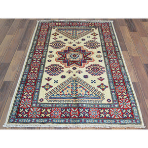 3'x4'8" Caucasian Design, Afghan Special Kazak With Large Medallion, Shiny Wool, Hand Knotted, Ivory, Oriental Rug FWR370860