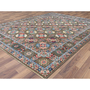 9'7"x12'9" Afghan Special Kazak With Elephant Feet Design, Shiny Wool, Hand Knotted, Taupe, Oriental Rug FWR370980