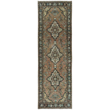 Load image into Gallery viewer, 3&#39;3&quot;x10&#39;4&quot; Walnut Brown, Vintage Persian Bibikabad Sheared Low, Distressed Look Worn Wool Hand Knotted, Runner Oriental Rug FWR371154