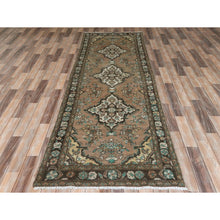 Load image into Gallery viewer, 3&#39;3&quot;x10&#39;4&quot; Walnut Brown, Vintage Persian Bibikabad Sheared Low, Distressed Look Worn Wool Hand Knotted, Runner Oriental Rug FWR371154