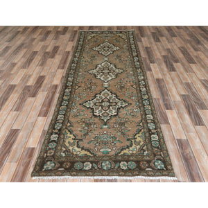 3'3"x10'4" Walnut Brown, Vintage Persian Bibikabad Sheared Low, Distressed Look Worn Wool Hand Knotted, Runner Oriental Rug FWR371154