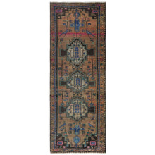 Load image into Gallery viewer, 3&#39;4&quot;x9&#39;3&quot; Walnut Brown, Hand Knotted Vintage Persian Hamadan with Bird Figurines, Abrash Cropped Thin Distressed Look Worn Wool, Wide Runner Oriental Rug FWR371232