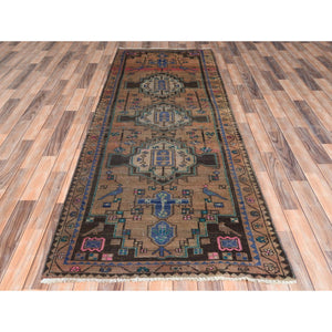 3'4"x9'3" Walnut Brown, Hand Knotted Vintage Persian Hamadan with Bird Figurines, Abrash Cropped Thin Distressed Look Worn Wool, Wide Runner Oriental Rug FWR371232