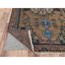 Load image into Gallery viewer, 3&#39;4&quot;x9&#39;3&quot; Walnut Brown, Hand Knotted Vintage Persian Hamadan with Bird Figurines, Abrash Cropped Thin Distressed Look Worn Wool, Wide Runner Oriental Rug FWR371232