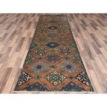 Load image into Gallery viewer, 3&#39;3&quot;x10&#39; Apricot Color, Worn Wool Hand Knotted, Vintage Persian Bakhtiar Large Rosset Design Sheared Low Distressed Look, Runner Oriental Rug FWR371298