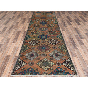 3'3"x10' Apricot Color, Worn Wool Hand Knotted, Vintage Persian Bakhtiar Large Rosset Design Sheared Low Distressed Look, Runner Oriental Rug FWR371298