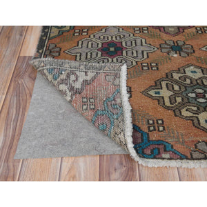 3'3"x10' Apricot Color, Worn Wool Hand Knotted, Vintage Persian Bakhtiar Large Rosset Design Sheared Low Distressed Look, Runner Oriental Rug FWR371298