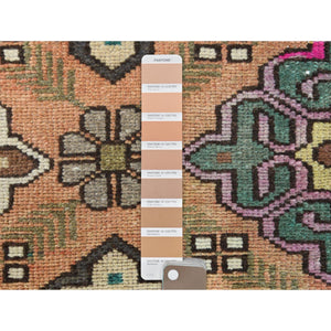 3'3"x10' Apricot Color, Worn Wool Hand Knotted, Vintage Persian Bakhtiar Large Rosset Design Sheared Low Distressed Look, Runner Oriental Rug FWR371298