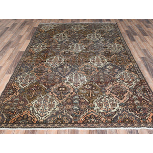 5'7"x8'5" Chocolate Brown, Worn Wool Hand Knotted Vintage Persian Bakhtiar with Garden Patch Design, Sheared Low Distressed Look, Oriental Rug FWR371442