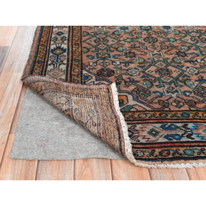 3'6"x9'7" Terracotta Red, Vintage Persian Husainabad With Fish Mahi Design, Cropped Thin Distressed Look Worn Wool Hand Knotted, Runner Oriental Rug FWR371676