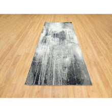 Load image into Gallery viewer, 4&#39;3&quot;x10&#39; Gray With Charcoal Black Hand Knotted Abstract Design Wool And Silk Oriental Runner Rug FWR372144