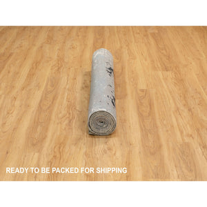 4'1"x10' Gray Abstract Design Wool And Silk Hi-low Pile Hand Knotted Oriental Wide Runner Rug FWR372150