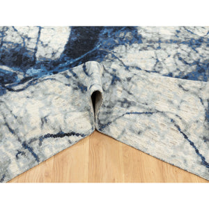 9'1"x12' Denim Blue 100% Textured Wool With Areas Of Distressed Pile Modern Design Hand Knotted Oriental Rug FWR372402