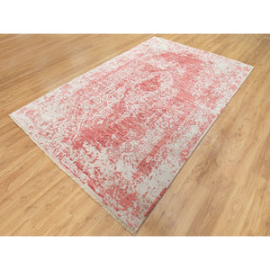 6'x9'2" Hand Knotted Pink Broken Persian Design Wool And Pure Silk Oriental Rug FWR372414