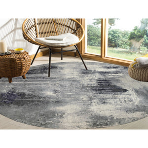 12'x12' Charcoal Black With Gray Abstract Design Wool And Silk Hand Knotted Oriental Round Rug FWR372600