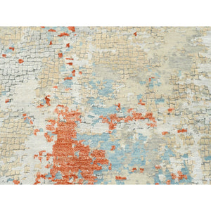 9'10"x9'10" Wool And Silk Abstract With Fire Mosaic Hand Knotted Persian Knot Square Rug FWR372936