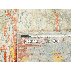 4'1"x12' Wool And Silk Abstract With Fire Mosaic Hand Knotted Runner Persian Knot Oriental Rug FWR372948