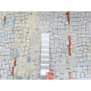 2'7"x20' Gray Wool And Silk Abstract With Fire Mosaic Design Hand Knotted Xl Runner Persian Knot Oriental Rug FWR373032