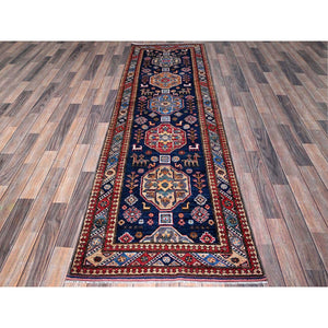 2'9"x8'4" Opal Blue, Afghan Ersari with Turkish Knot, Caucasian Design Revival, Small Animal Figurines, Vegetable Dyes, Densely Woven, Hand Knotted, Soft Wool, Runner, Oriental Rug Sh621 FWR3726