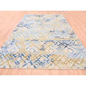 9'x12' Yellow And Ivory Supple Collection Modern Oceanic Square Design Pure Wool Hand Knotted Oriental Rug FWR373314