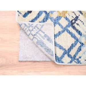 9'x12' Yellow And Ivory Supple Collection Modern Oceanic Square Design Pure Wool Hand Knotted Oriental Rug FWR373314
