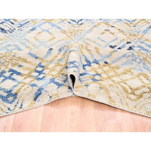 9'x12' Yellow And Ivory Supple Collection Modern Oceanic Square Design Pure Wool Hand Knotted Oriental Rug FWR373314