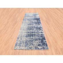 Load image into Gallery viewer, 3&#39;10&quot;x10&#39;3&quot; Blue Abstract With Mosaic Design Wool And Silk Hand Knotted Oriental Runner Rug FWR373560