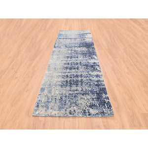 3'10"x10'3" Blue Abstract With Mosaic Design Wool And Silk Hand Knotted Oriental Runner Rug FWR373560
