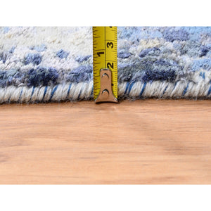 3'10"x10'3" Blue Abstract With Mosaic Design Wool And Silk Hand Knotted Oriental Runner Rug FWR373560