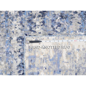 3'10"x10'3" Blue Abstract With Mosaic Design Wool And Silk Hand Knotted Oriental Runner Rug FWR373560