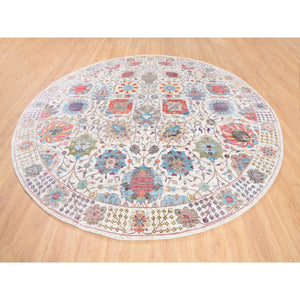 10'1"x10' Colorful Silk With Textured Wool Tabriz Vase And Flower Design Hand Knotted Oriental Round Rug FWR373632