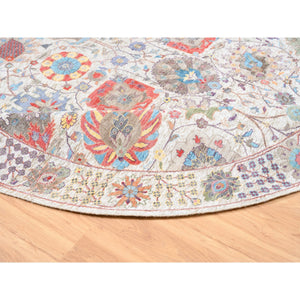 10'1"x10' Colorful Silk With Textured Wool Tabriz Vase And Flower Design Hand Knotted Oriental Round Rug FWR373632