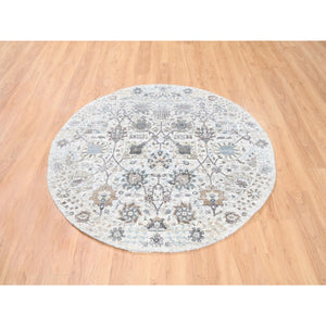 5'1"x5'1" Round Ivory Silk With Textured Wool Tabriz Vase With Pomegranate Design Hand Knotted Oriental Rug FWR373716