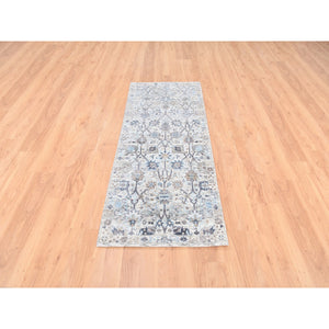2'5"x6'2" Ivory Silk With Textured Wool Tabriz Vase And Pomegranate Design Hand Knotted Oriental Runner Rug FWR373746