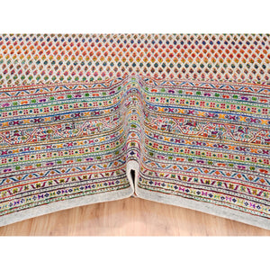 12'x12' Colorful Wool And Sari Silk Sarouk Mir Inspired With Repetitive Boteh Design Hand Knotted Oriental Square Rug FWR373866