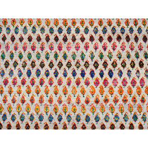 12'x12' Colorful Wool And Sari Silk Sarouk Mir Inspired With Repetitive Boteh Design Hand Knotted Oriental Square Rug FWR373866