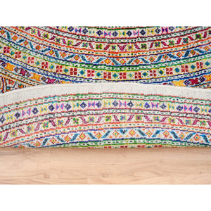 8'10"x8'10" Colorful Wool And Sari Silk Sarouk Mir Inspired With Repetitive Boteh Design Hand Knotted Oriental Round Rug FWR373896