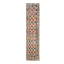 Load image into Gallery viewer, 2&#39;4&quot;x10&#39;2&quot; Colorful Wool And Sari Silk Sarouk Mir Inspired With Repetitive Boteh Design Hand Knotted Oriental Runner Rug FWR374028