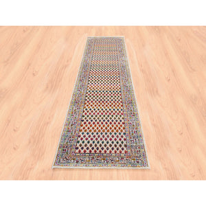 2'4"x10'2" Colorful Wool And Sari Silk Sarouk Mir Inspired With Repetitive Boteh Design Hand Knotted Oriental Runner Rug FWR374028