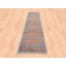 Load image into Gallery viewer, 2&#39;4&quot;x10&#39;2&quot; Colorful Wool And Sari Silk Sarouk Mir Inspired With Repetitive Boteh Design Hand Knotted Oriental Runner Rug FWR374028