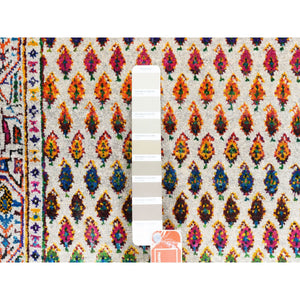 2'4"x10'2" Colorful Wool And Sari Silk Sarouk Mir Inspired With Repetitive Boteh Design Hand Knotted Oriental Runner Rug FWR374028