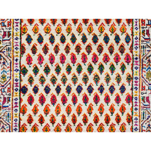 2'4"x10'2" Colorful Wool And Sari Silk Sarouk Mir Inspired With Repetitive Boteh Design Hand Knotted Oriental Runner Rug FWR374028
